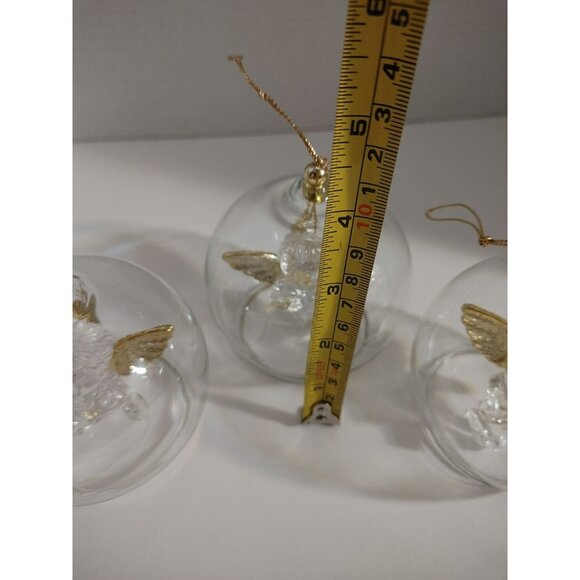 (3) Vintage Clear Glass Round Globe Dangle Angel Christmas Ornament Golden Wings - Picture 5 of 9